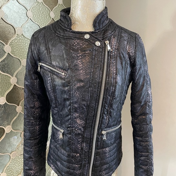 GUESS Womens Python Print Moto Puffer Jacket Black/gray XS - Picture 7 of 14